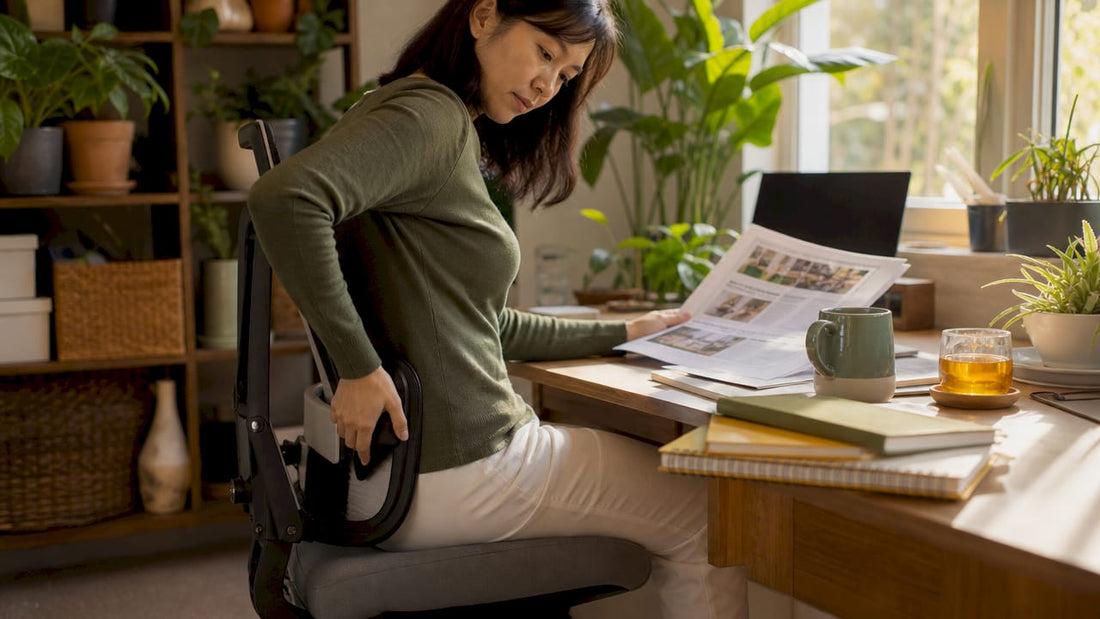 Office worker adjusting ergonomic chair lumbar support