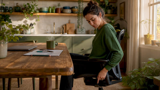 Woman adjusting ergonomic chair height at desk