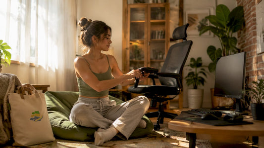 Gamer adjusting ergonomic chair in home gaming room