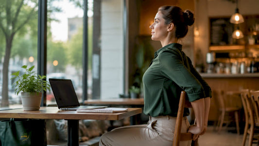 Office worker doing shoulder blade squeeze at desk