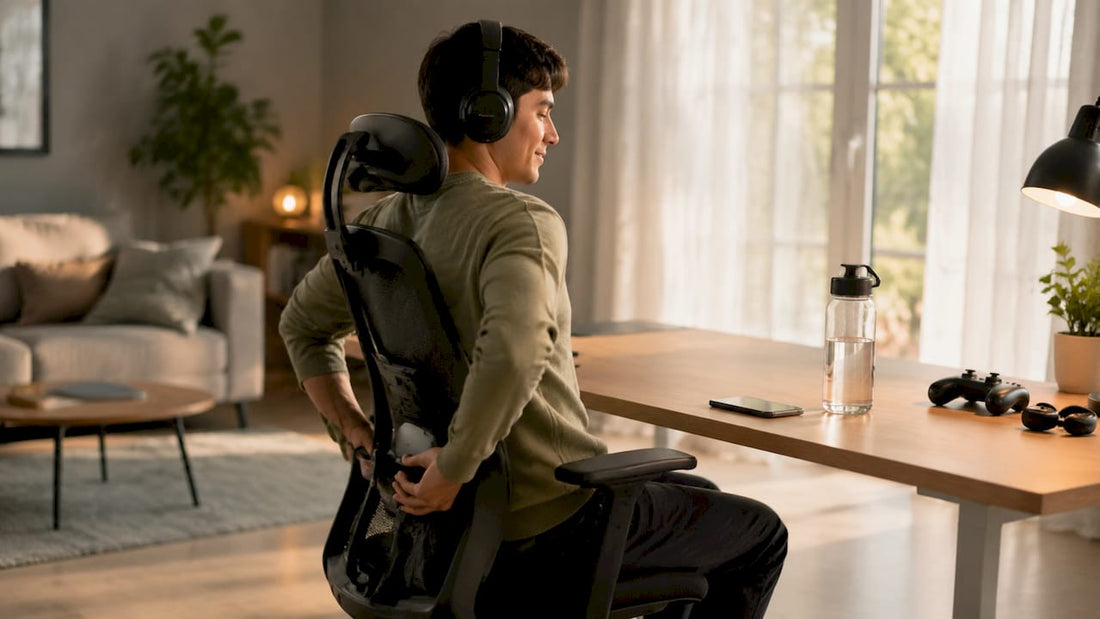 Gamer sitting with upright posture adjusting ergonomic chair