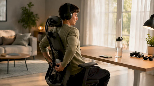 Gamer sitting with upright posture adjusting ergonomic chair