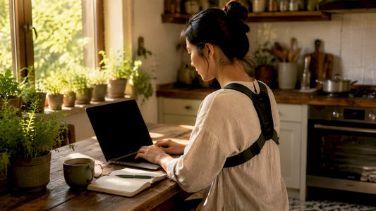 Woman wearing posture support device at desk