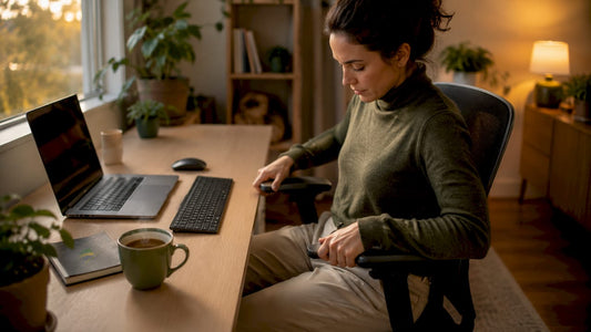 Woman adjusting ergonomic chair at desk