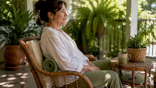 Woman using DIY lumbar support in home office