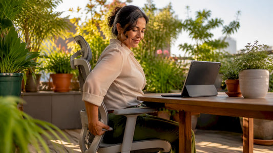 Woman adjusting ergonomic chair in open office