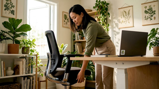Woman adjusting office chair height at desk