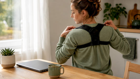Woman adjusting wearable posture corrector at home desk