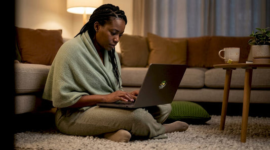Woman slouching at home desk typing
