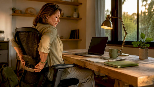 Office worker adjusting posture at desk under fluorescent light