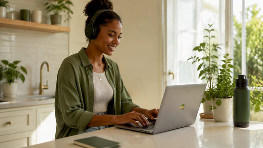 Woman using wireless headset sitting upright