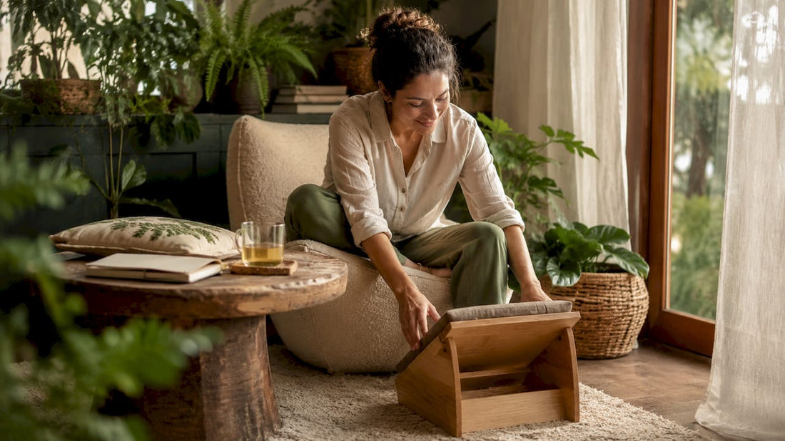 Woman adjusting footrest at home office desk