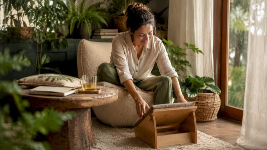 Woman adjusting footrest at home office desk