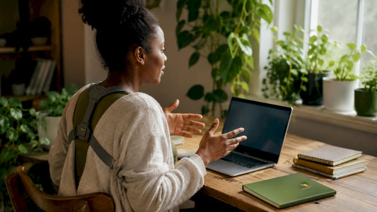 Woman wearing posture brace on video call