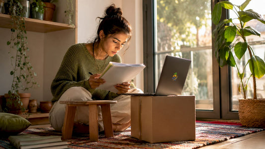 Woman at makeshift desk with poor posture