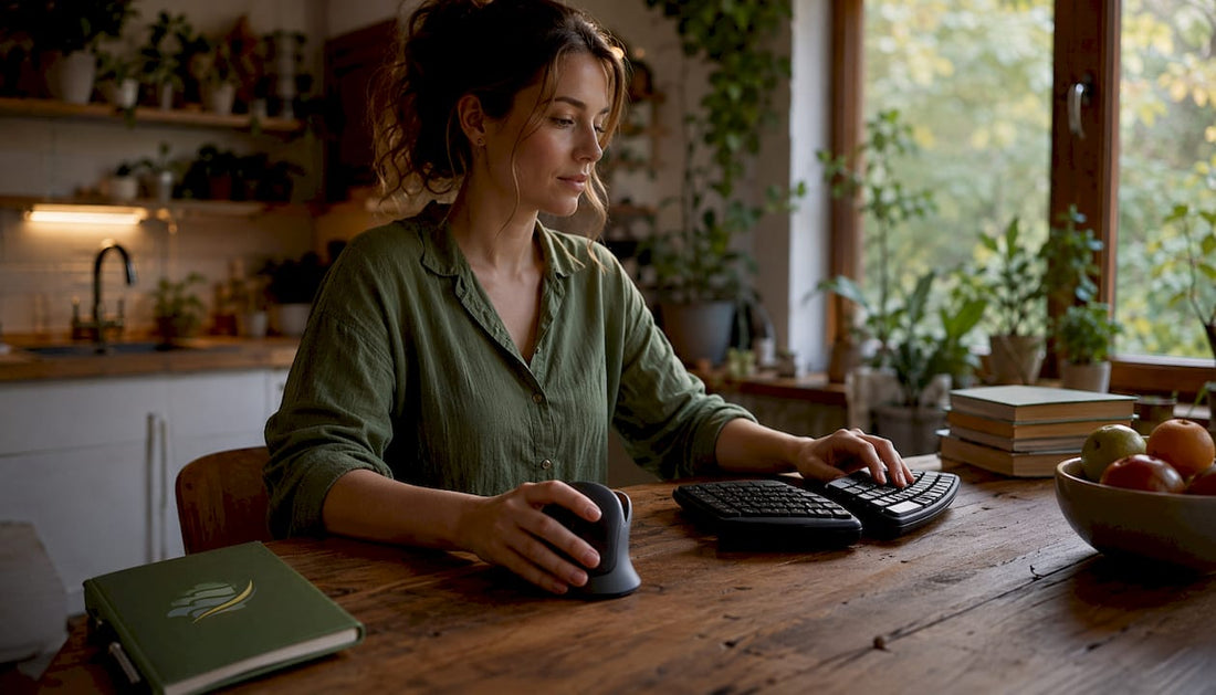 Woman adjusting ergonomic mouse in home office