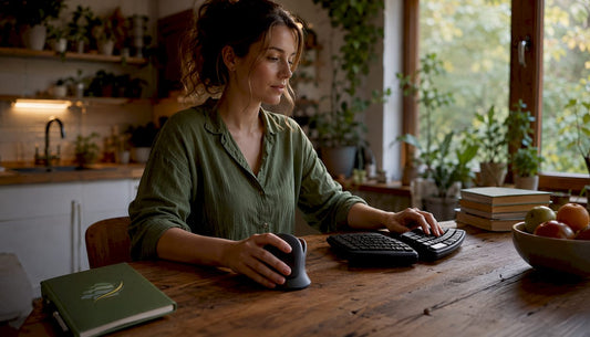 Woman adjusting ergonomic mouse in home office