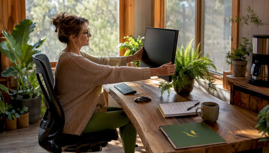 Woman adjusting monitor for posture and eye comfort