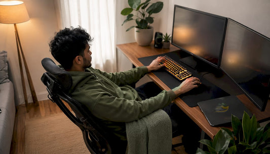 Side profile of gamer with forward head posture
