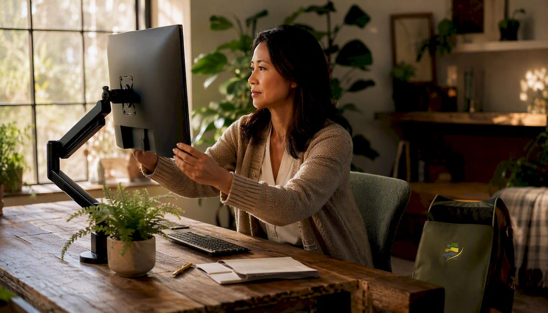 Woman adjusting monitor for neck alignment