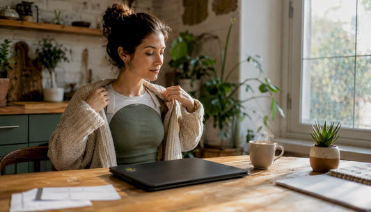 Woman adjusting upper back brace at home desk