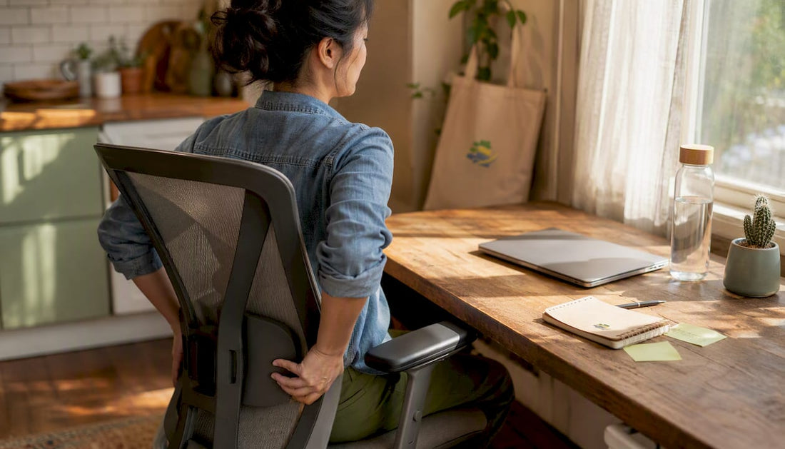 Woman adjusting ergonomic chair lumbar support