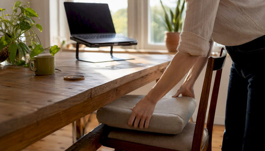 Person adjusting cushion by kitchen table setup
