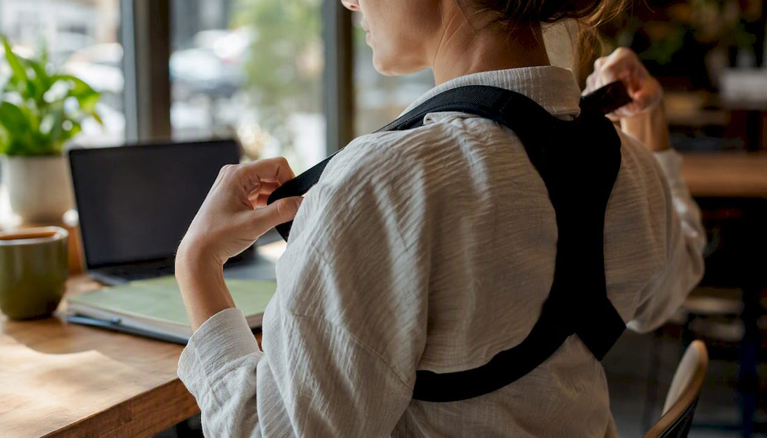 Hands adjusting shoulder posture support strap