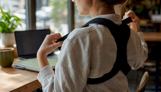 Hands adjusting shoulder posture support strap