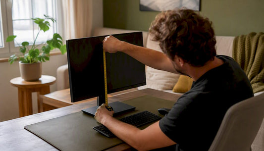 Person measuring monitor height at home desk